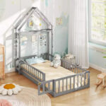 Twin Size House-Shaped Floor Bed Frame with Headboard and Clothes Hanger - Image 12