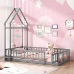 Twin Size House-Shaped Floor Bed Frame with Headboard and Clothes Hanger - Image 14