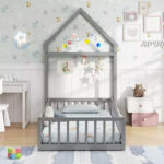 Twin Size House-Shaped Floor Bed Frame with Headboard and Clothes Hanger - Image 15