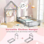 Twin Size House-Shaped Floor Bed Frame with Headboard and Clothes Hanger - Image 19