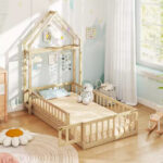 Twin Size House-Shaped Floor Bed Frame with Headboard and Clothes Hanger
