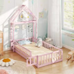 Twin Size House-Shaped Floor Bed Frame with Headboard and Clothes Hanger - Image 22