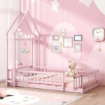 Twin Size House-Shaped Floor Bed Frame with Headboard and Clothes Hanger - Image 24