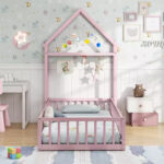 Twin Size House-Shaped Floor Bed Frame with Headboard and Clothes Hanger - Image 25