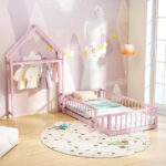 Twin Size House-Shaped Floor Bed Frame with Headboard and Clothes Hanger - Image 26