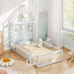 Twin Size House-Shaped Floor Bed Frame with Headboard and Clothes Hanger - Image 32