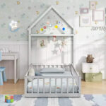Twin Size House-Shaped Floor Bed Frame with Headboard and Clothes Hanger - Image 35