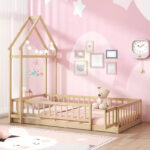 Twin Size House-Shaped Floor Bed Frame with Headboard and Clothes Hanger - Image 4