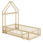 Twin Size House-Shaped Floor Bed Frame with Headboard and Clothes Hanger - Image 2