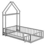 Twin Size House-Shaped Floor Bed Frame with Headboard and Clothes Hanger - Image 11