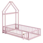 Twin Size House-Shaped Floor Bed Frame with Headboard and Clothes Hanger - Image 21