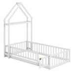 Twin Size House-Shaped Floor Bed Frame with Headboard and Clothes Hanger - Image 31