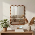 30 x 40 Wavy Rectangle Solid Wood Frame Decorative Mirror for Bedroom Bathroom Living Room Yellowish Brown