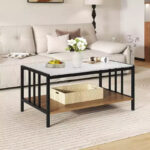2-Tier Rectangular Coffee Table with Rock Slab Tabletop and Open Shelf