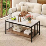 2-Tier Rectangular Coffee Table with Rock Slab Tabletop and Open Shelf - Image 5