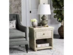 Wicker & Pine Wood Nightstand with Drawer and Shelf - Off-White