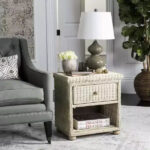 Wicker & Pine Wood Nightstand with Drawer and Shelf - Off-White