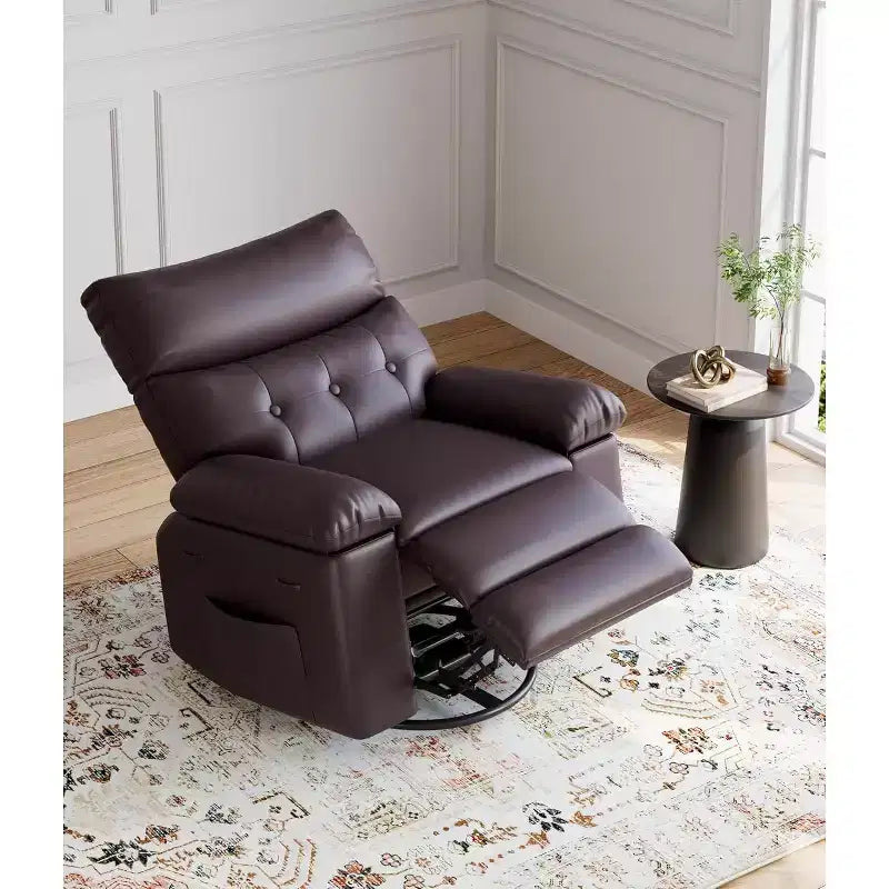 1005366484_1 Oversized Swivel Rocker Recliner Chair, Wide PU Leather Manual Recliner with Plush Arm & Back, 360 Swivel for Living Room, Bedroom, Brown - Image 1