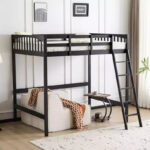Solid Wood Loft Bed Twin/Full Size with USB Charging Station, LED Lights, Flat Rungs, Wood Slat Support, No Box Spring Needed