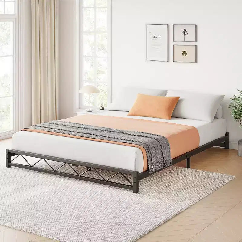 1007171614_1 Metal Platform Bed Frame with Steel Slat Support - Easy Assembly - Image 1