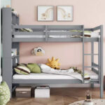 Twin Bunk Bed with Bookcase Headboard, Safety Guardrails and Ladder, Convertible to 2 Beds, Gray