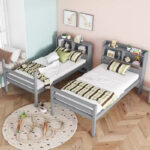 Twin Bunk Bed with Bookcase Headboard, Safety Guardrails and Ladder, Convertible to 2 Beds, Gray - Image 2