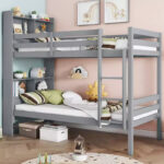 Twin Bunk Bed with Bookcase Headboard, Safety Guardrails and Ladder, Convertible to 2 Beds, Gray - Image 3