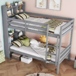Twin Bunk Bed with Bookcase Headboard, Safety Guardrails and Ladder, Convertible to 2 Beds, Gray - Image 4