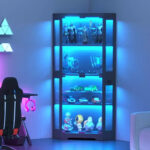 Wood Storage Cabinet with Tempered Glass Doors and Adjustable Shelves