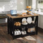 V-Leg Kitchen Island Cabinet with LED Lighting and Power Outlet – Black & Wood Tone