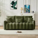 78 Inch Teddy Fabric Sofa with 3 Back Pillows and 3 Cushions, Solid Wood Frame, 3-Seat Upholstered Sofa, Green