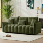 78 Inch Teddy Fabric Sofa with 3 Back Pillows and 3 Cushions, Solid Wood Frame, 3-Seat Upholstered Sofa, Green - Image 2