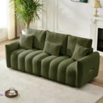 78 Inch Teddy Fabric Sofa with 3 Back Pillows and 3 Cushions, Solid Wood Frame, 3-Seat Upholstered Sofa, Green - Image 3