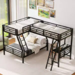 Twin over Full Metal Bunk Bed with Twin Size Loft Bed and Desk, Black